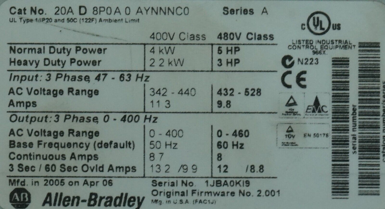 Allen Bradley PowerFlex 70 5HP 20AD8P0A0AYNNNC0 480VAC FRN:2.001 Tested Good