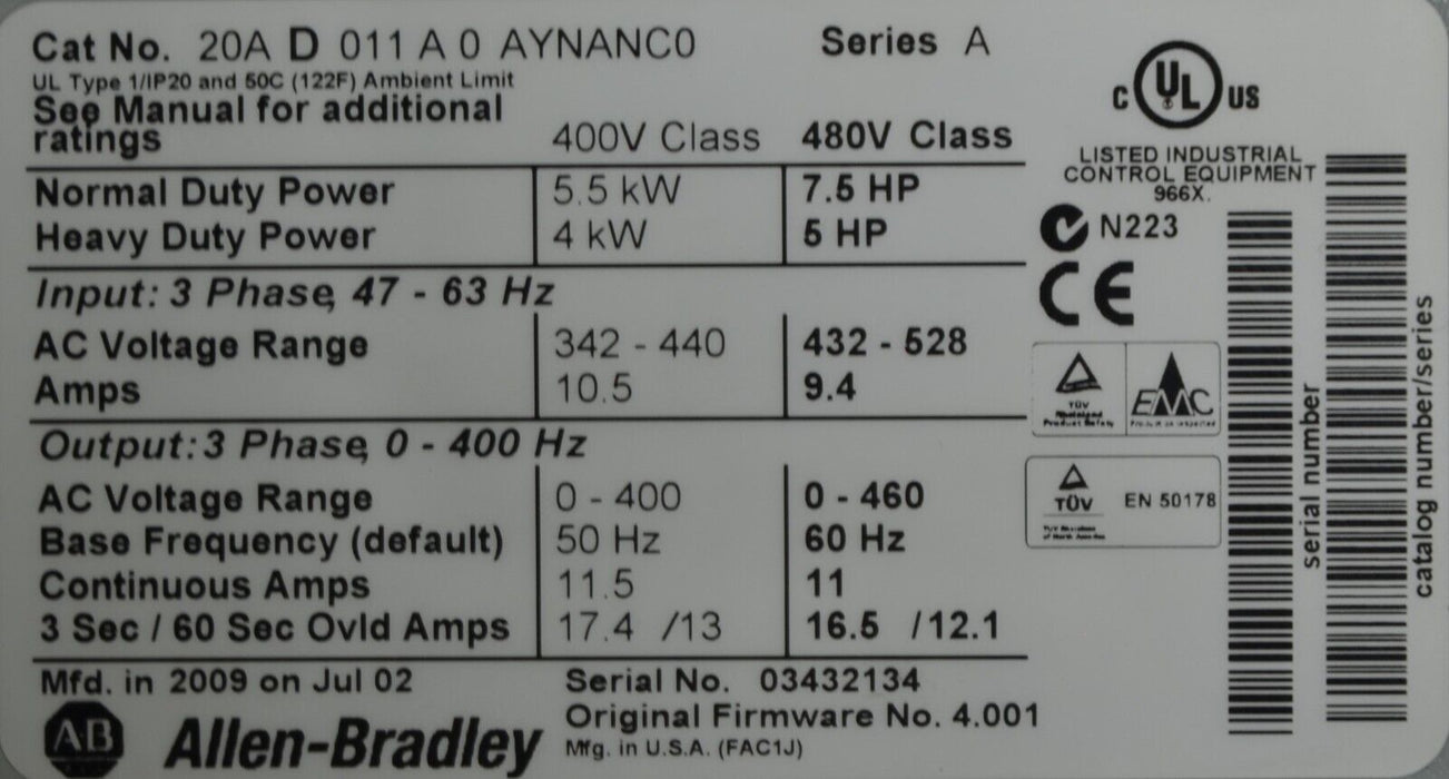 Allen-Bradley PowerFlex 70 7.5 HP 20AD011A0AYNANC0 Series A 480 VAC FRN: 4.001