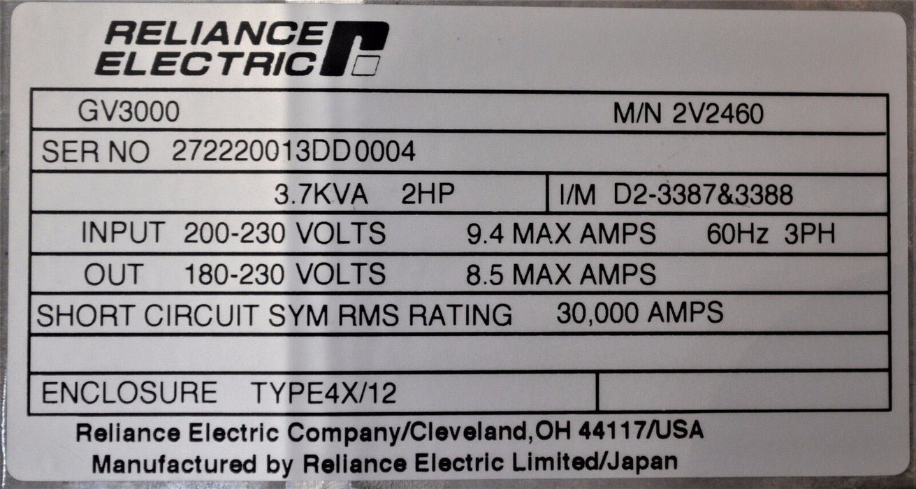 RELIANCE ELECTRIC GV3000/SE 2 HP 2V2460 VERSION 6.06 TESTED GOOD CLEAN