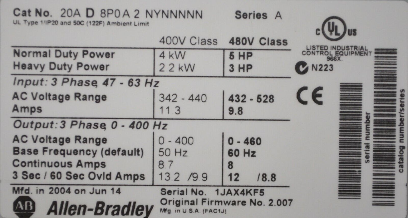 Allen-Bradley 20AD8P0A2NYNNNNN 5 HP Series A, 480V FRN: 2.007 Tested Good