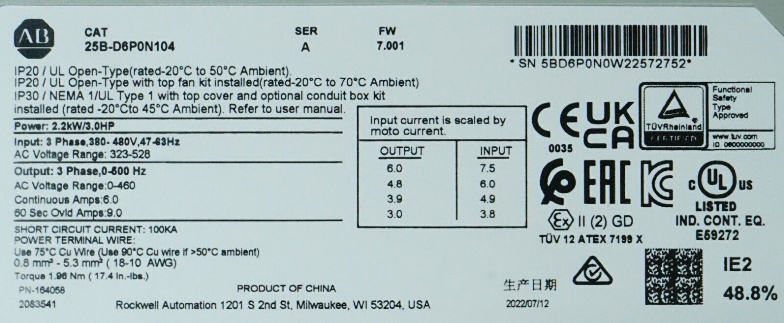 New Allen-Bradley 25B-D6P0N104 3HP Powerflex 525 Series A FRN:7.001 Tested Good