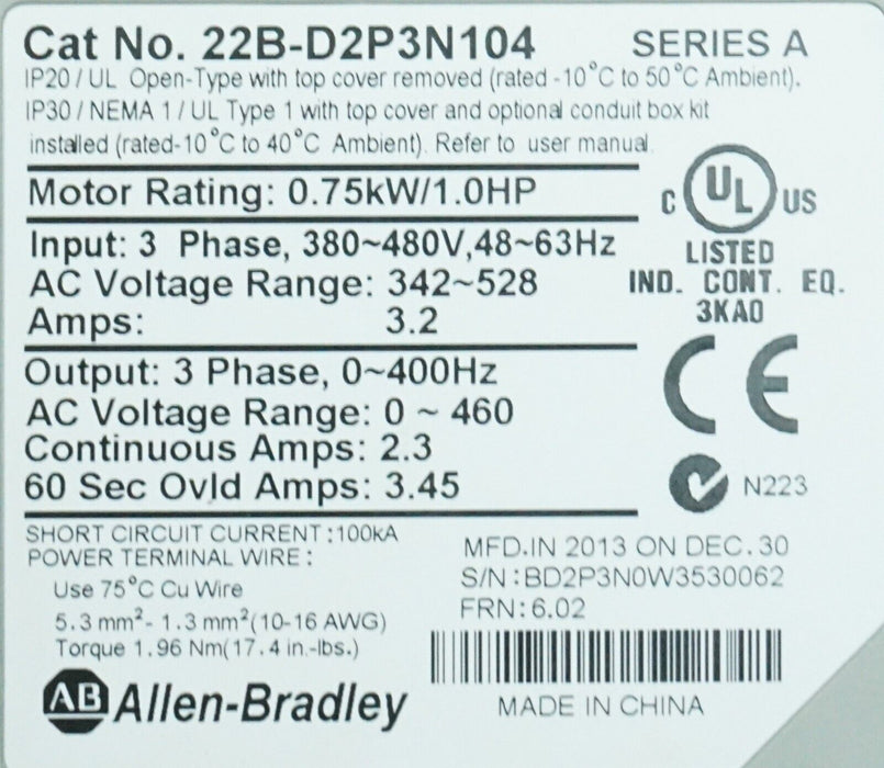 Allen-Bradley 22B-D2P3N104 PowerFlex 40 Drive Series A 6.02 Tested Good