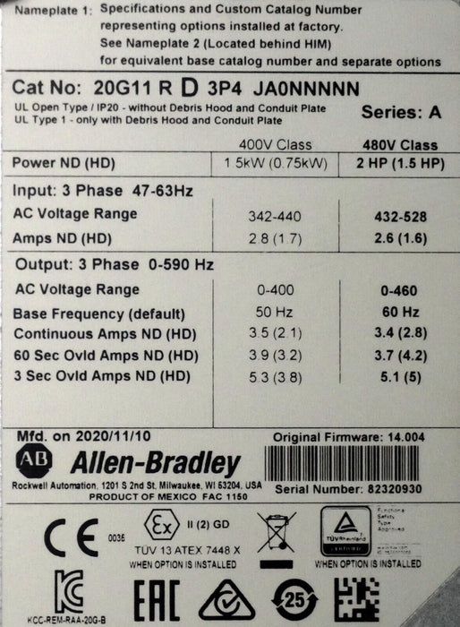 Allen-Bradley 20G11RD3P4JA0NNNNN PowerFlex 755 VFD 2 HP Series A FRN: 7.001