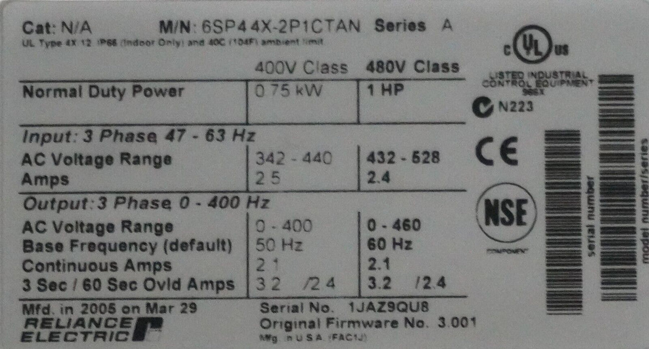 New Reliance Electric SP600 6SP44X-2P1CTAN FRN:3.001