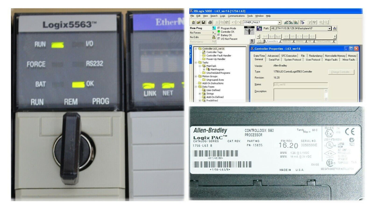 Allen Bradley 1756-L63/B ControlLogix Logix5563 W/8MB Memory Tested FRN:16.20