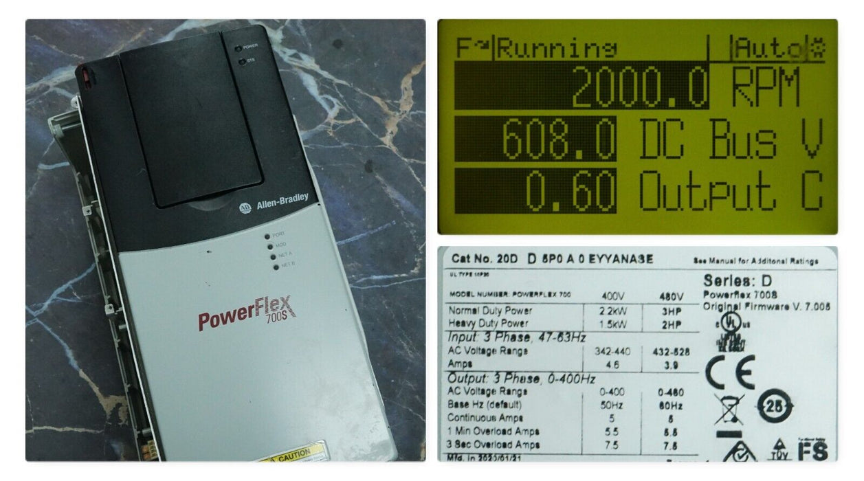 2020 Allen Bradley 20DD5P0A0EYYANASE Powerflex 700S Drive 3hp FRN:7.005