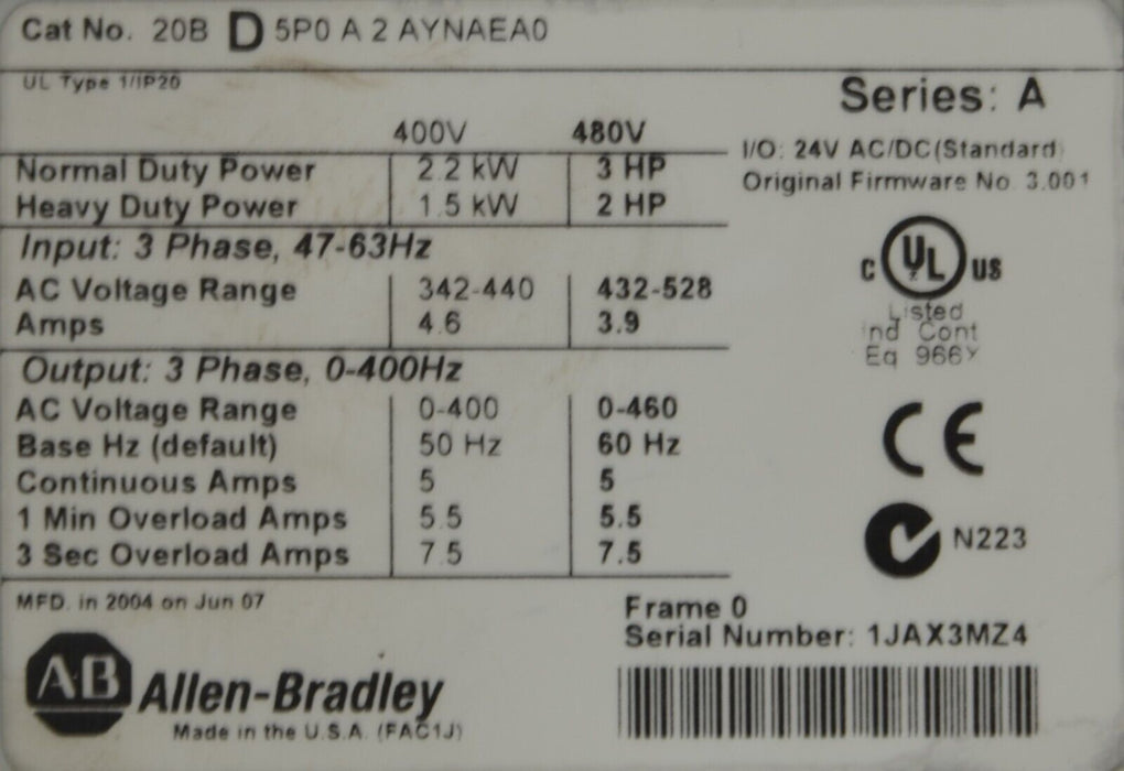 Low Hour Allen-Bradley PowerFlex700 3 HP Series A 20BD5P0A2AYNAEA0 FRN: 3.001