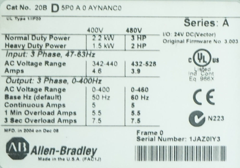 Allen Bradley PowerFlex 700 3HP 20BD5P0A0AYNANC0 480VAC FRN:3.003