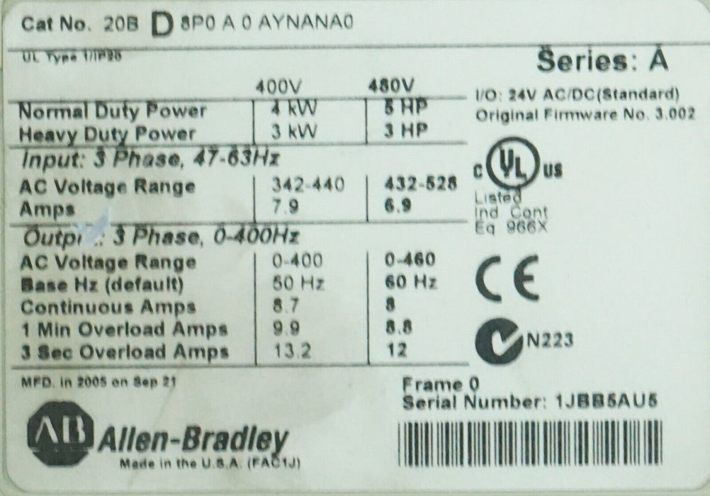 Allen Bradley PowerFlex 700 5 HP 20BD8P0A0AYNANA0 480 VAC Tested Core Only