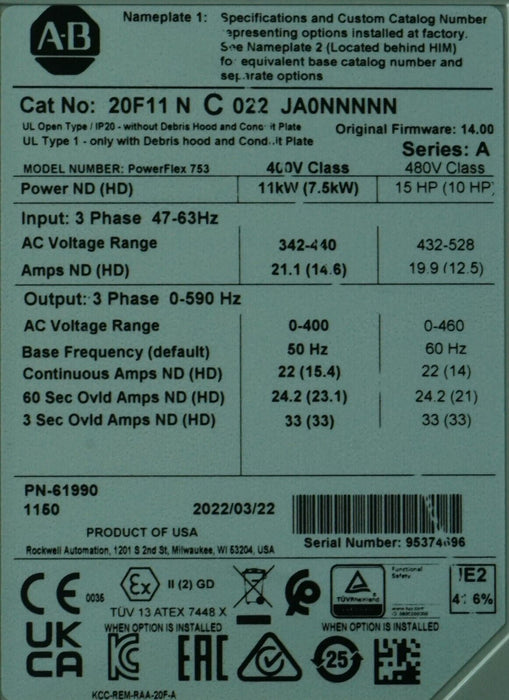 New Allen-Bradley PowerFlex 753 20F11NC022JA0NNNNN 15HP 480VAC FRN:14.005