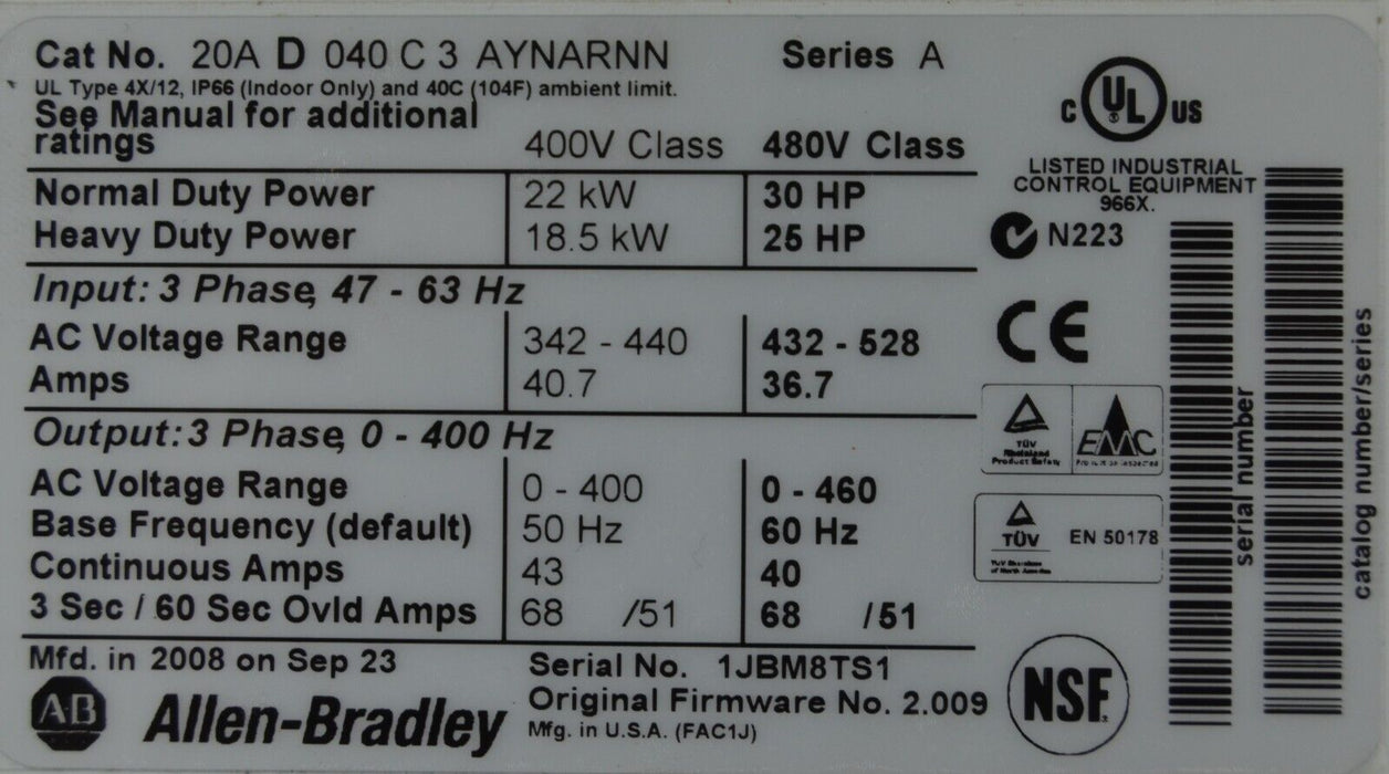 New Allen-Bradley PowerFlex 70 30 HP 20AD040C3AYNARNN 480 VAC FRN:2.009