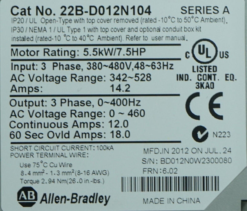 Zero Hours Allen-Bradley 22B-D012N104 7.5 HP Powerflex40 Ser. A FRN:6.02