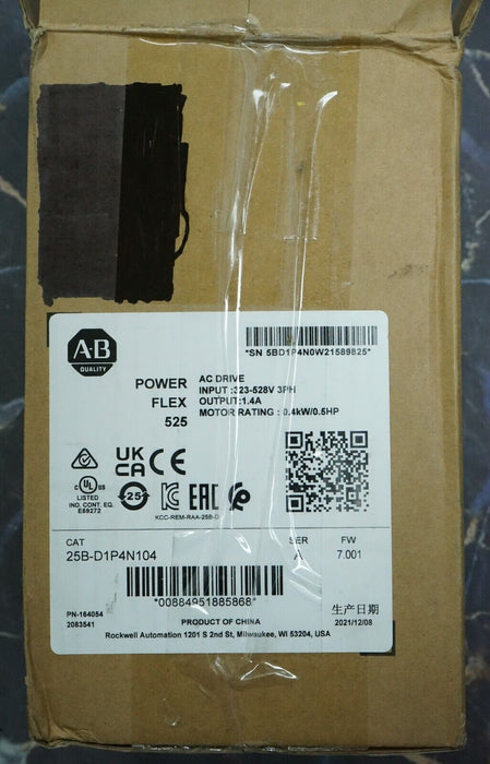 New Open Box Allen Bradley 25B-D1P4N114 1/2HP Powerflex 525 Series A FRN:7.001