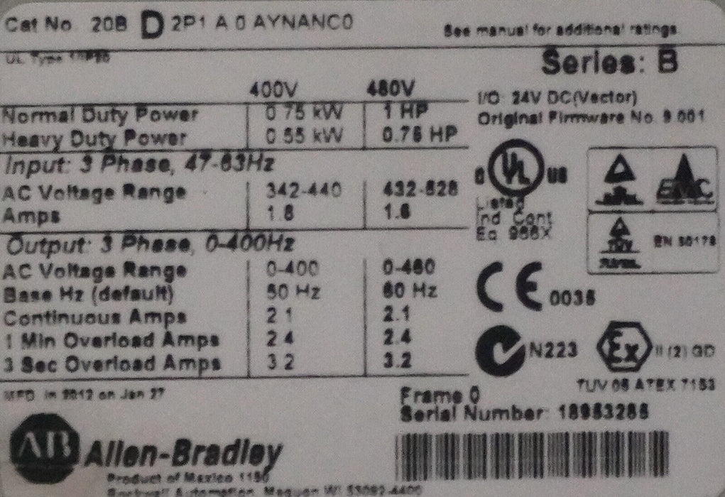 37 available Allen-Bradley PowerFlex 700 1 HP 20BD2P1A0AYNANC0 Ser. B FRN:9.001