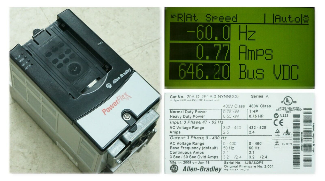 Allen-Bradley PowerFlex 70 1 HP 20AD2P1A0NYNNCC0 480 VAC FRN 2.001 Tested Good