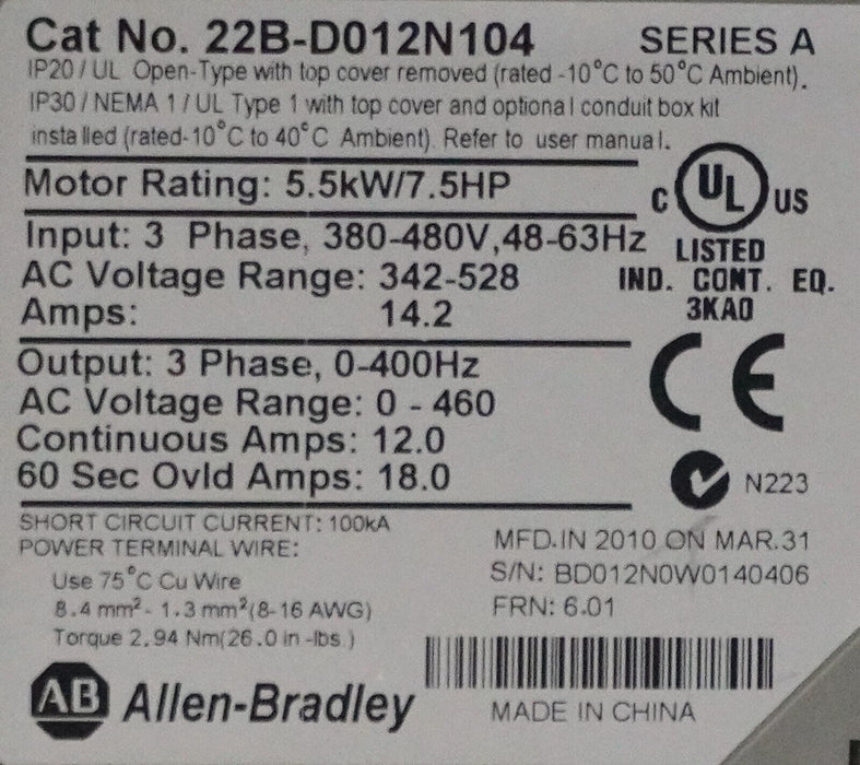 Allen-Bradley 22B-D012N104 7.5 HP Powerflex40 Ser. A FRN:6.01 Tested Good