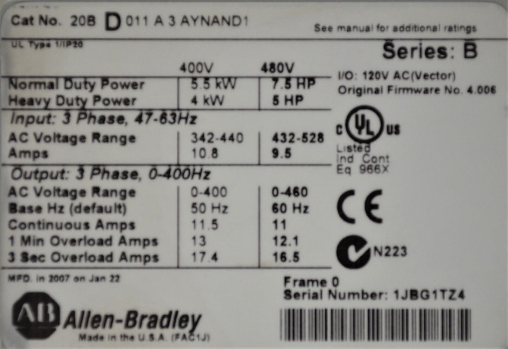 Allen-Bradley PowerFlex 700 20BD011A3AYNAND1 7.5 HP 480 VAC With a Encoder Input