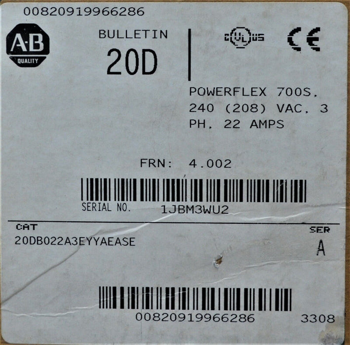 New Allen-Bradley 20DB022A3EYYAEASE  Powerflex 700S Series A FRN: 4.002