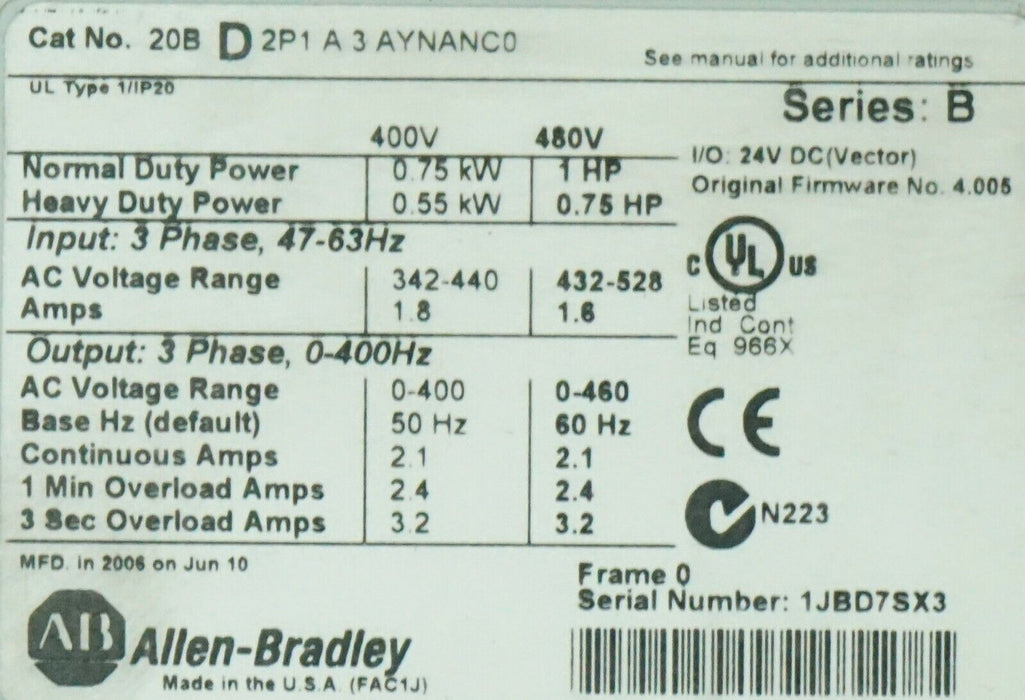 Low Hours Allen-Bradley PowerFlex 700 1HP 20BD2P1A3AYNANC0 480 VAC FRN:4.005