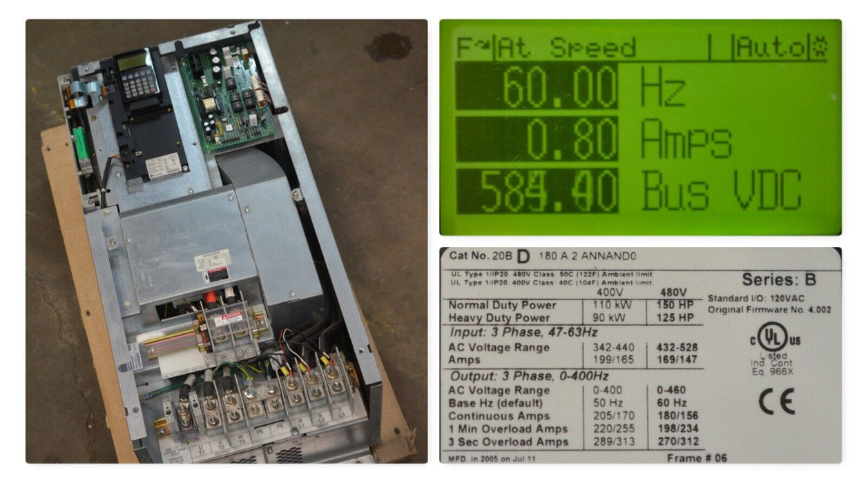 LOW HOURS Allen Bradley 20BD180A2ANNAND0 SERIES B Powerflex 700 DRIVE VFD 150HP