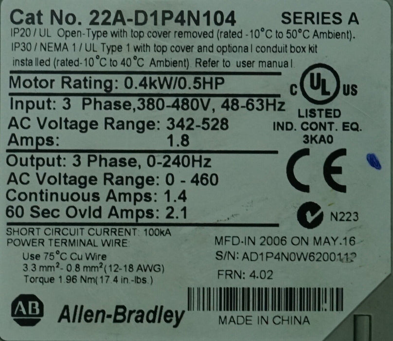 Allen Bradley PowerFlex 4 1/2HP 22A-D1P4N104 Series A Tested Good FRN:4.02