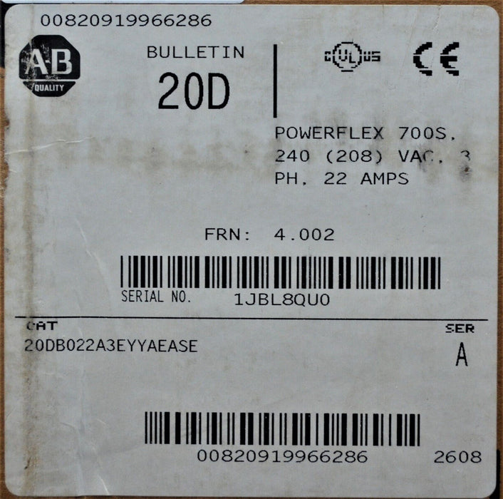 New Allen-Bradley 20DB022A3EYYAEASE  Powerflex 700S Series A FRN: 4.002