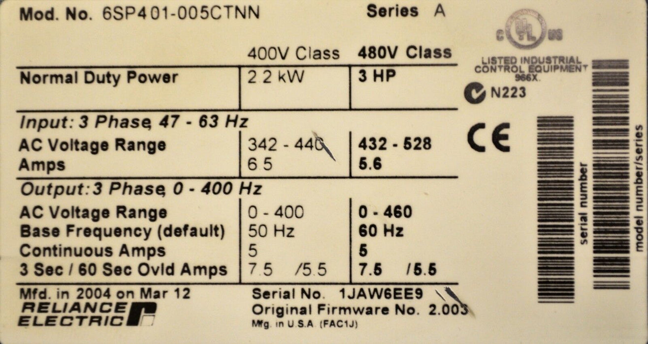 Reliance SP600 6SP401-005CTAN 3 HP Drive Tested Good 480 VAC Clean Drive