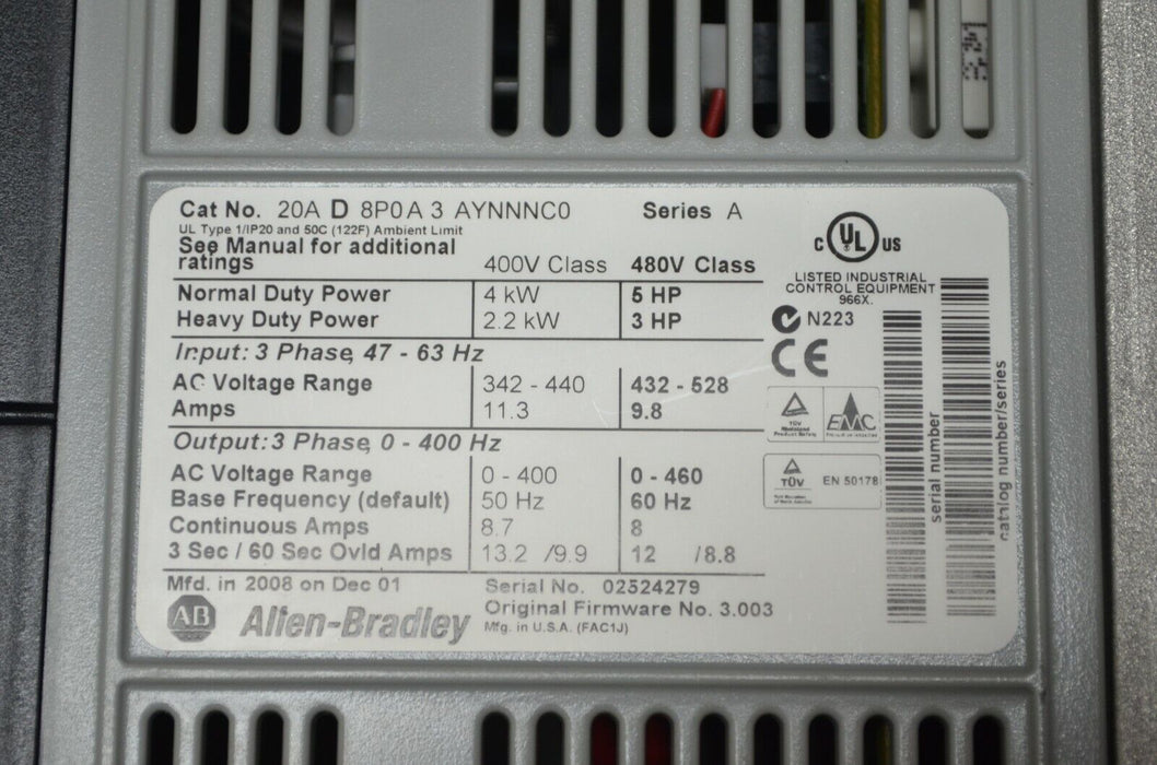 Low Hours Allen-Bradley PowerFlex 70 5 HP 20AD8P0A3AYNNNC0 480 V Tested Good