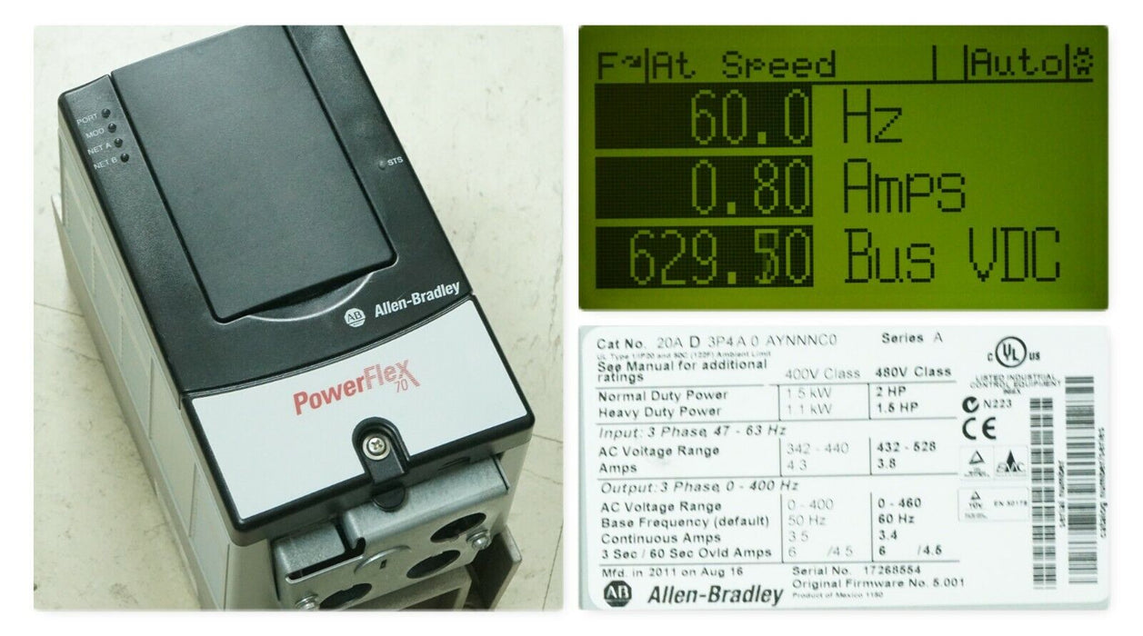 Low Hours Allen-Bradley PowerFlex 70 2HP 20AD3P4A0AYNNNC0 Tested Good FRN:5.001