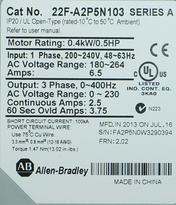 Zero Hours Allen Bradley 22F-A2P5N103 FRN:2.02 1/2HP Series A Tested Good