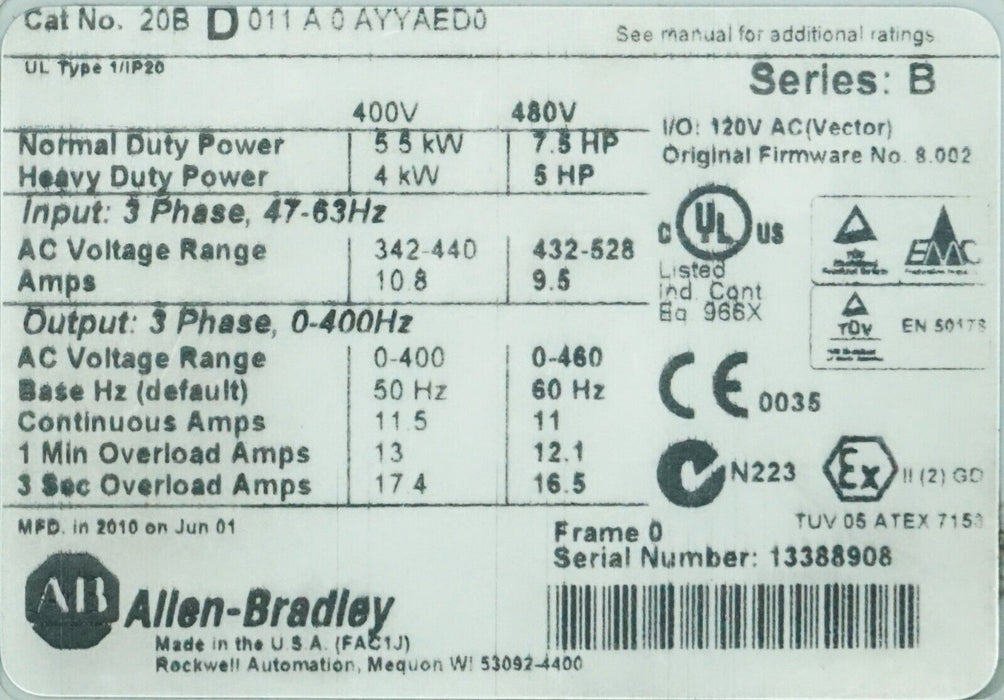 Allen Bradley PowerFlex 700 7.5HP 20BD011A0AYYAED0 480VAC Tested FRN:8.002