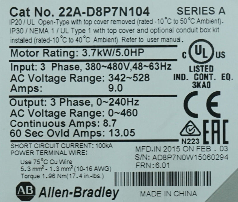 Allen-Bradley PowerFlex 4 22A-D8P7N104 5HP FRN:6.01 Series A 2015