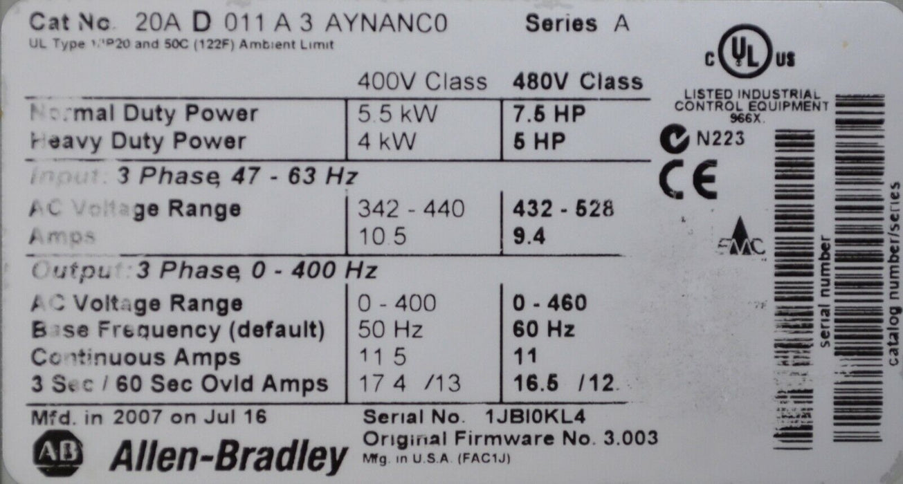 Low HR Allen-Bradley PowerFlex 70 7.5 HP 20AD011A3AYNANC0 480 VAC Tested Good