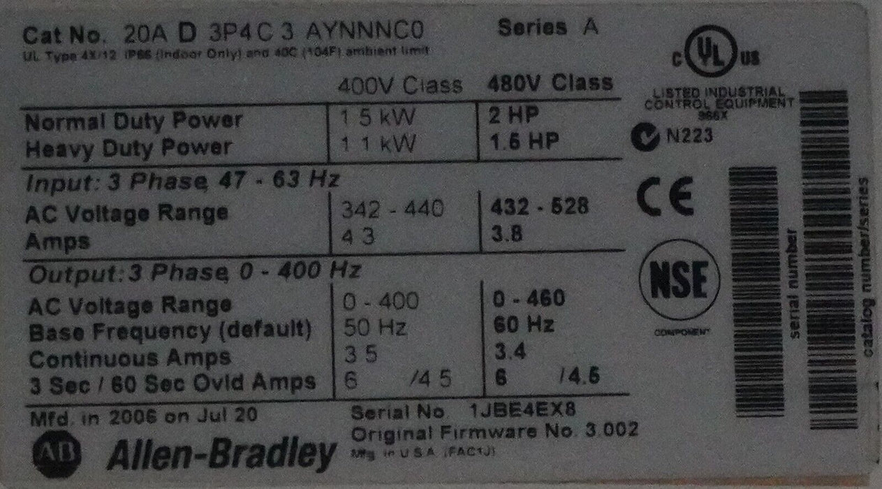 Low Hr Allen-Bradley 20AD3P4C3AYNNNC0 PowerFlex 70 2HP Drive Series A FRM:3.002