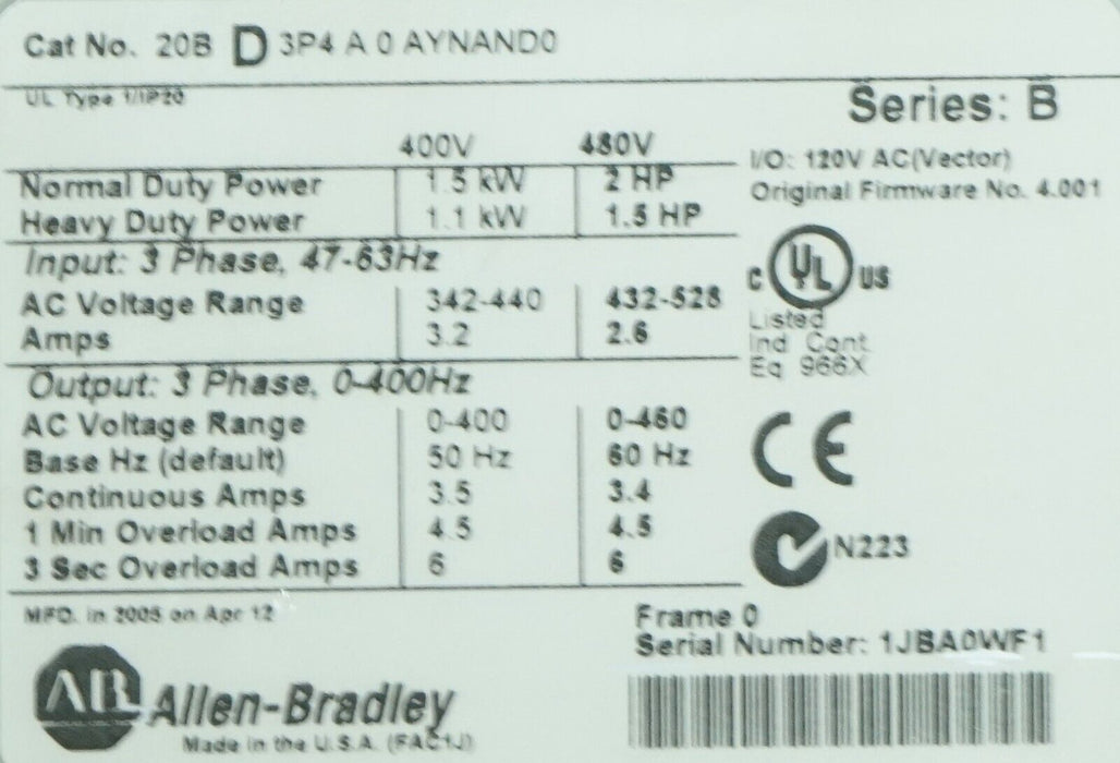 Allen-Bradley 20BD3P4A0AYNAND0 PowerFlex 700 2HP 120 VAC I/O FRN 4.001