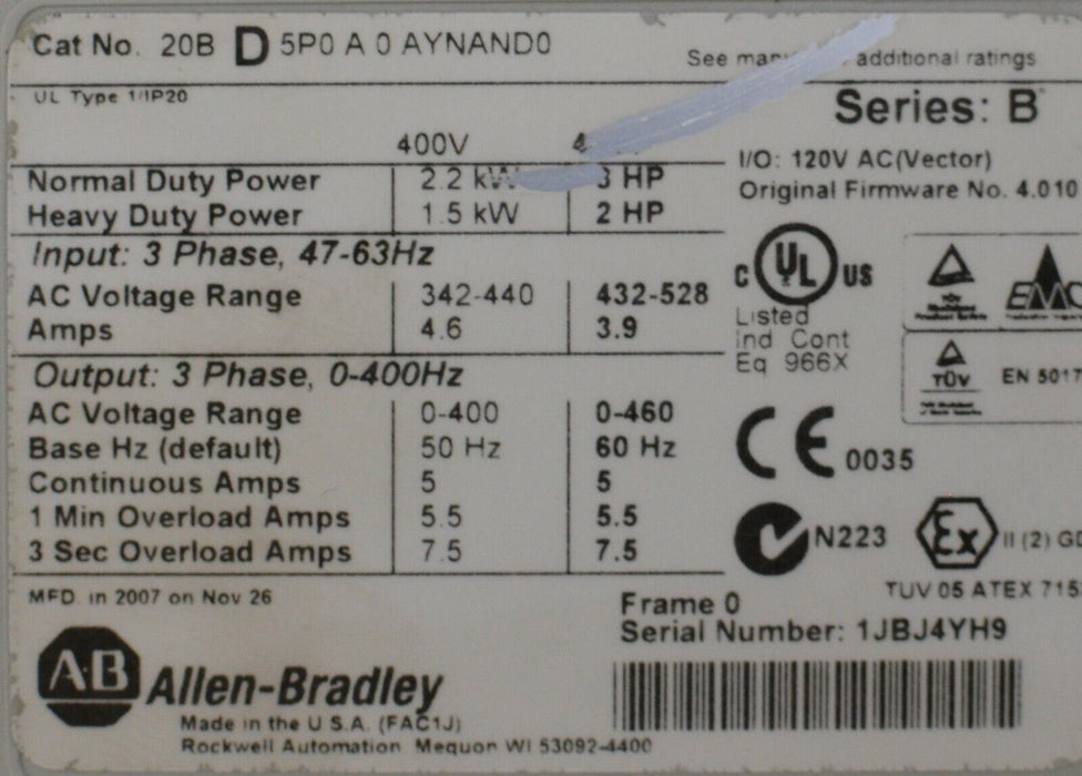 Low Hours Allen-Bradley PowerFlex 700 3HP 20BD5P0A0AYNAND0 480 VAC FRN. 4.010