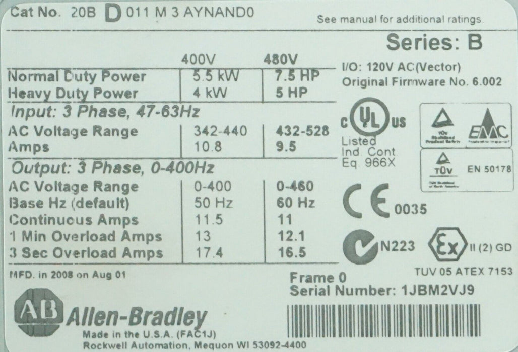 Allen-Bradley PowerFlex 700 20BD011M3AYNAND0 7.5 HP FRN:6.002