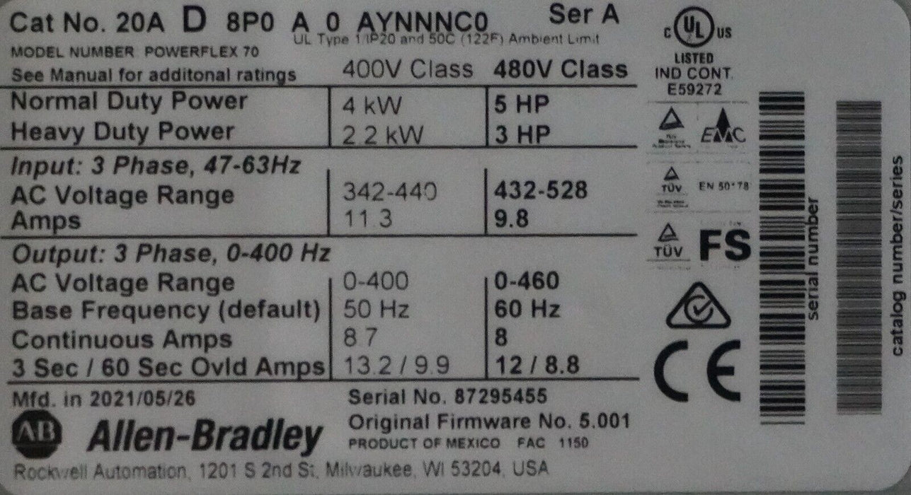 Low Hr Allen-Bradley PowerFlex 70 5HP 20AD8P0A0AYNNNC0 480 VAC Tested FRN:5.001