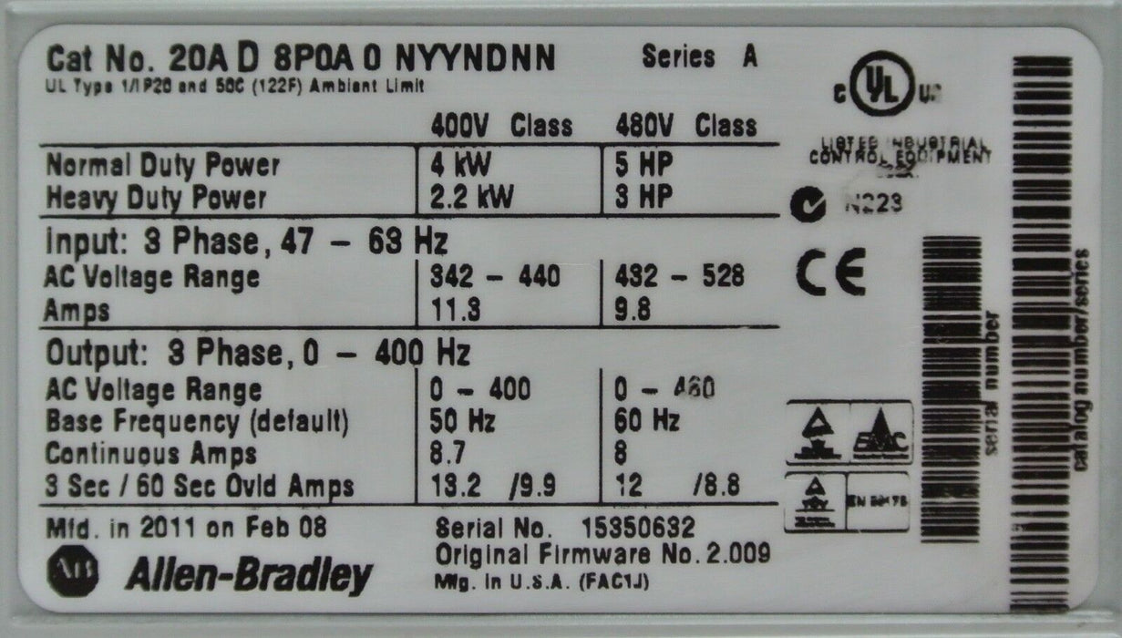 LOW HOURS Allen-Bradley 20AD8P0A0NYYNDNN Power Flex 70 Drive 5 HP FRM 2.009