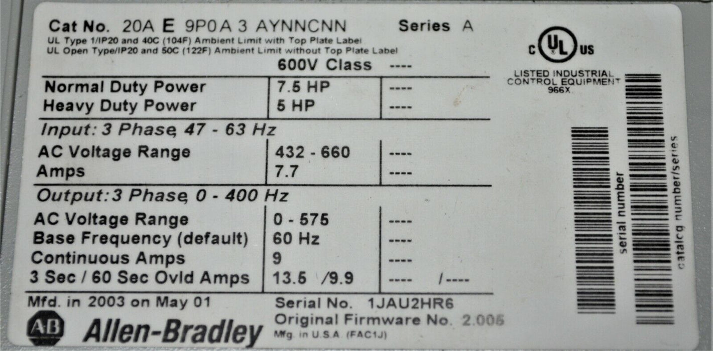 Allen-Bradley PowerFlex 70 7.5 HP 20AE9P0A3AYNNCNN 600V 2.005 Clean Tested Good