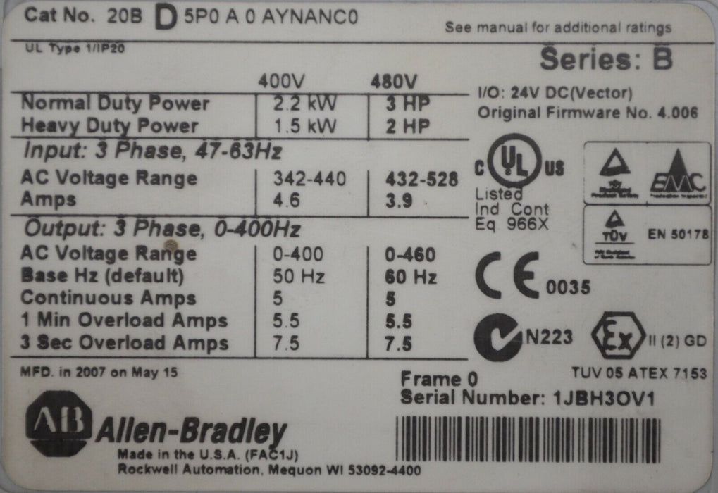 Allen-Bradley 20BD5P0A0AYNANC0 PowerFlex 700 3HP 480 VAC 4.006 Firmware