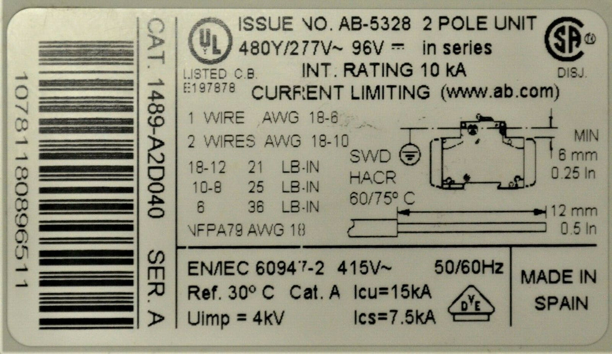 ALLEN BRADLEY 1489-A2D040 SER.A CIRCUIT BREAKER 2P TESTED GOOD