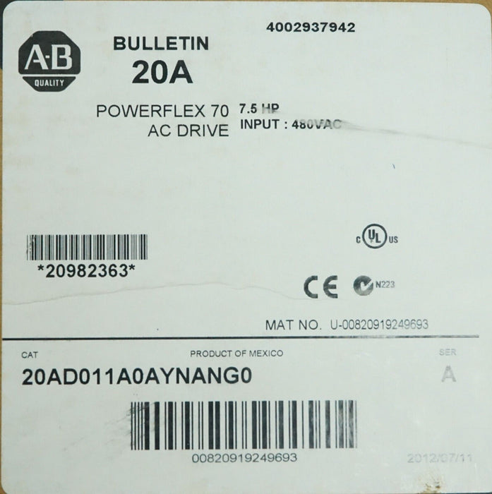 New Allen-Bradley PowerFlex 70 7.5HP 20AD011A0AYNANG0 480VAC FRN:5.001