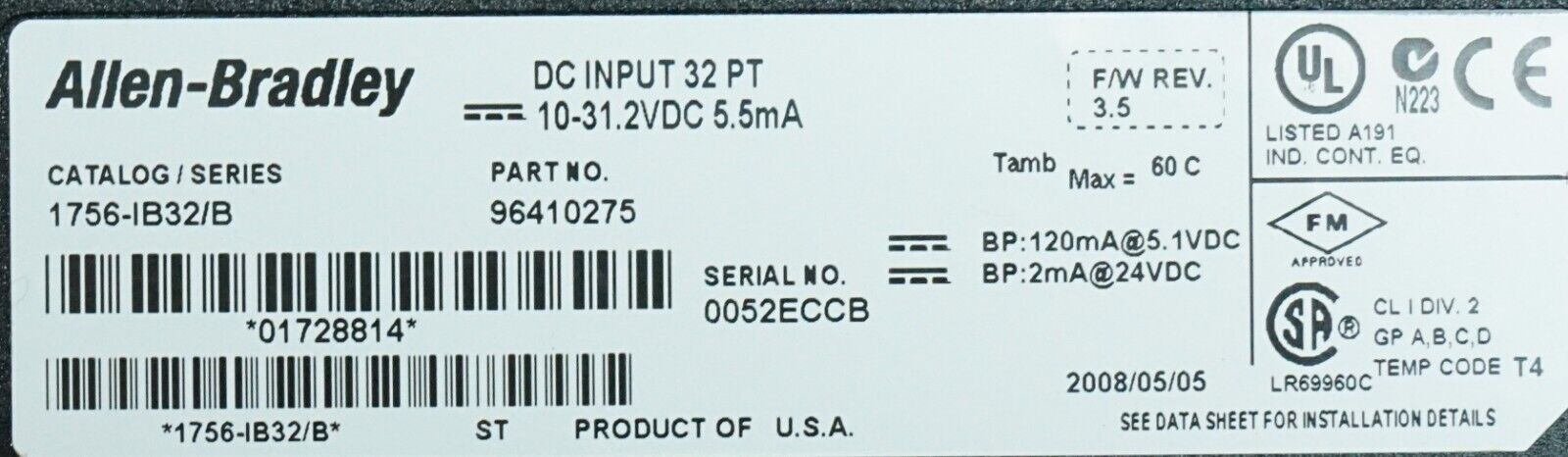 Allen-Bradley 1756-IB32 ControlLogix Input Module FRN:3.5