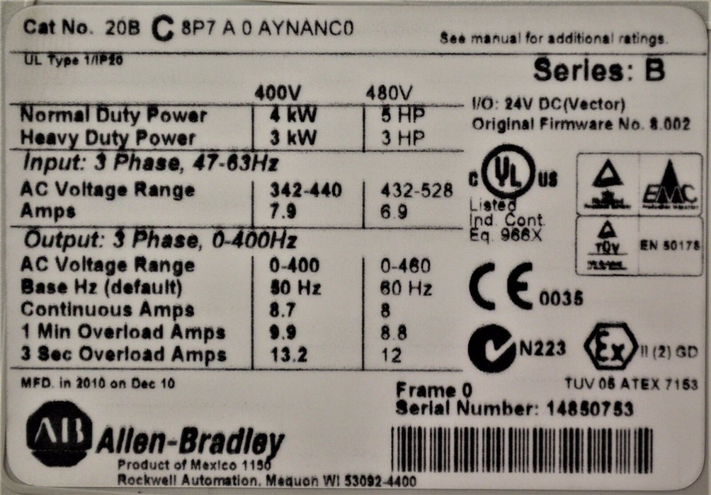 Allen-Bradley PowerFlex 700 5 HP 20BC8P7A0AYNANC0 400/480 VAC Clean Tested Good