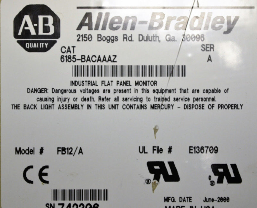 Allen-Bradley 6185-BACAAAZ Industrial Flat Panel LCD Monitor Ser. A #6185-B 12"