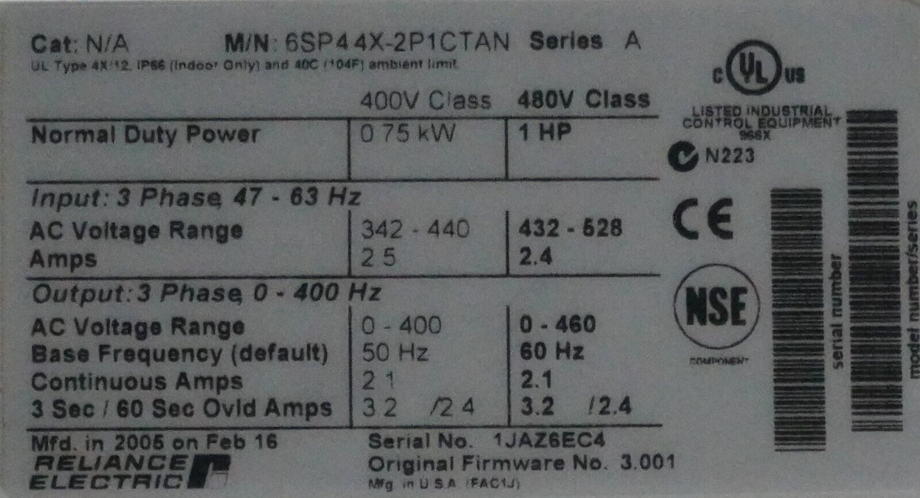 New Reliance Electric SP600 1HP 6SP44X-2P1CTAN FRN:3.001