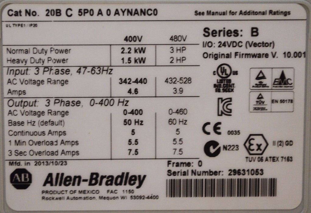 2013/10/23 Allen-Bradley PowerFlex 700 3 HP 20BC5P0A0AYNANC0 400 VAC FRN. 10.001