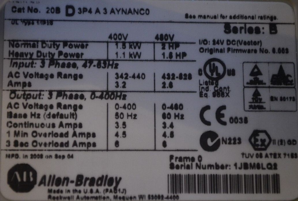 Allen-Bradley PowerFlex 700 20BD3P4A3AYNANC0 2 HP 480VAC 3.4 A Drive TESTED