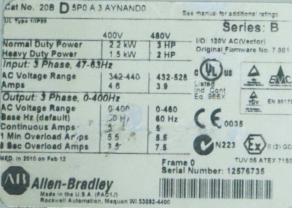 Used Allen Bradley PowerFlex 700 3HP 20BD5P0A3AYNAND0 FRN:7.001 Power Supply